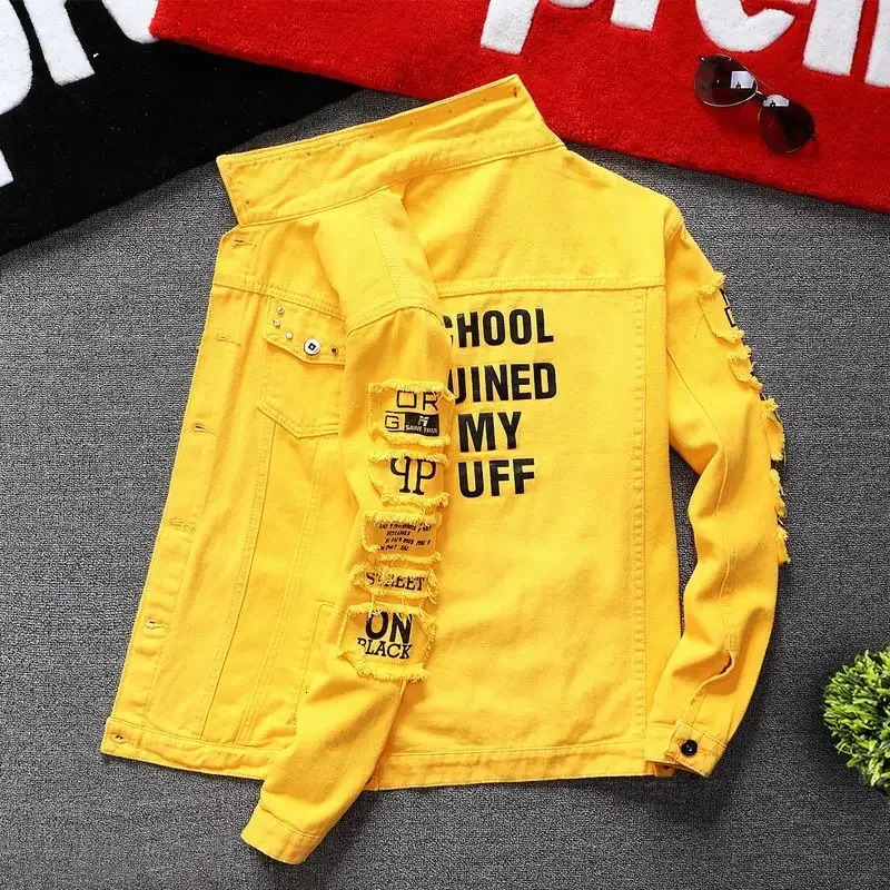 Jeans Coat for Men Hip Hop with Print Ripped Button Black Hole Denim Jackets Man Size L Large Lxury Worn Cowgirl Fast Delvery G 260923 - view 7