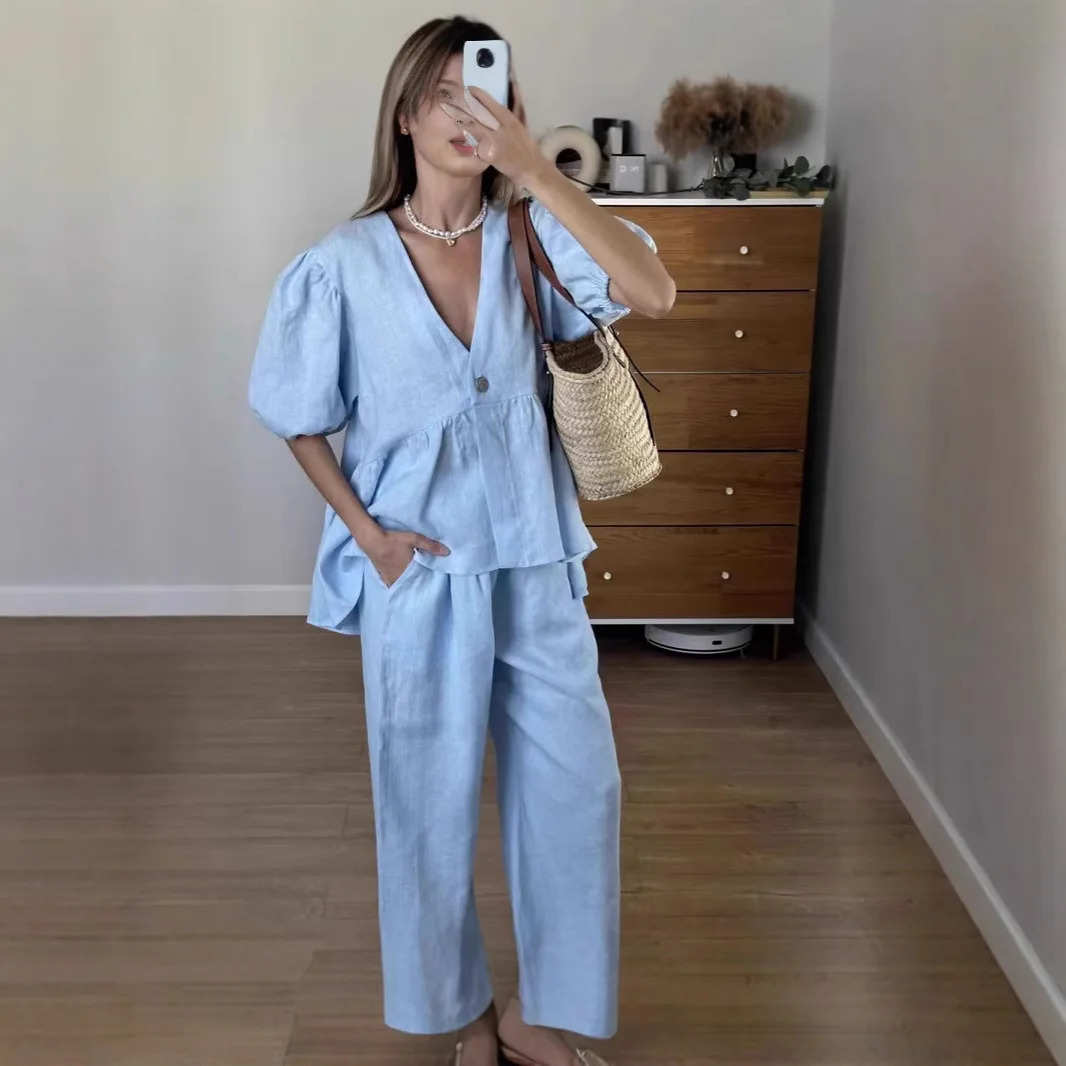 Women Solid Color V-Neck Bubble Short-Sleeved Trousers Suit Summer Women Short T-Shirt Top Long Pants Two Peice Sets 260922 - view 3