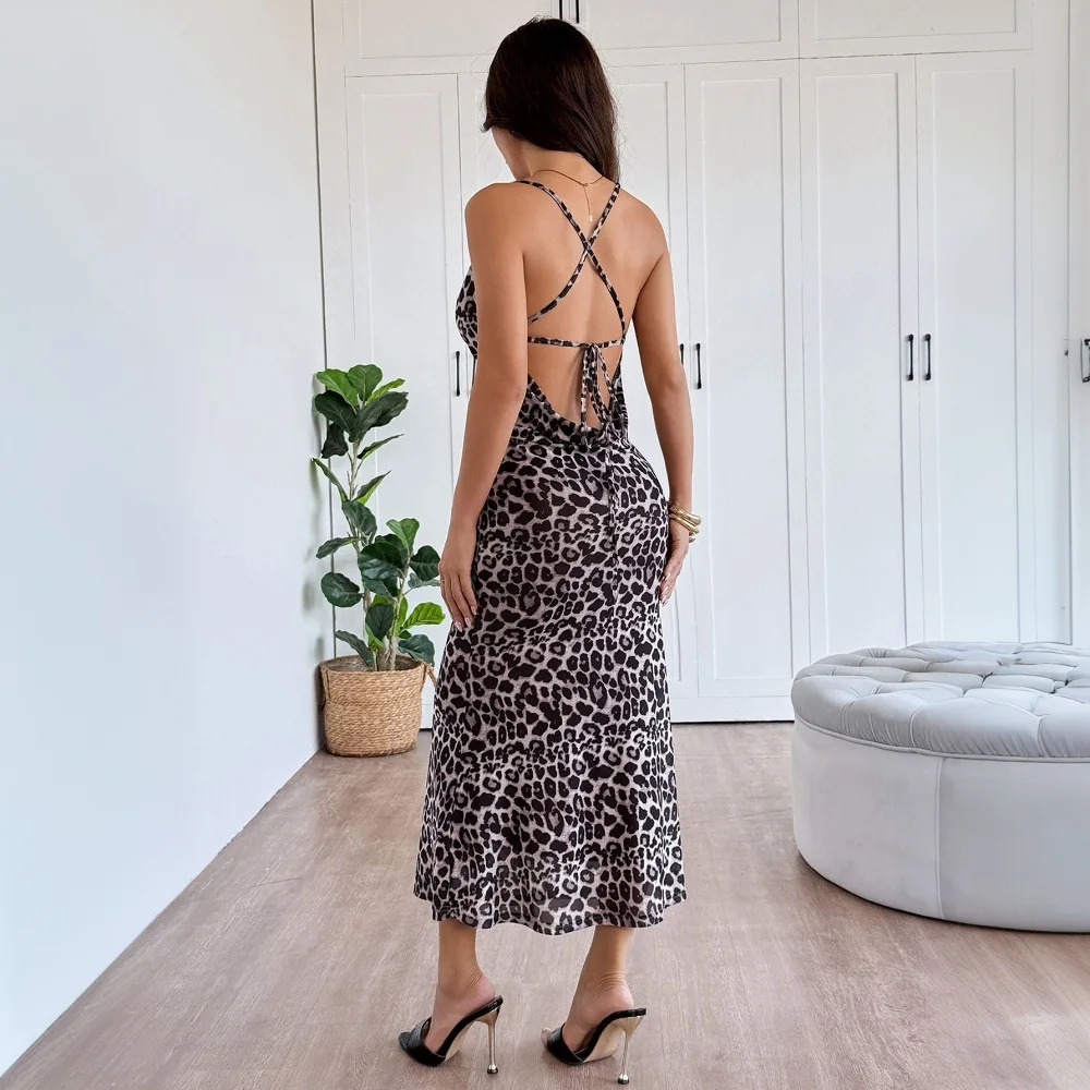 Summer Sexy Leopard Print Bodycon Backless Sling Dress Midi Length Women 260924 - view 3
