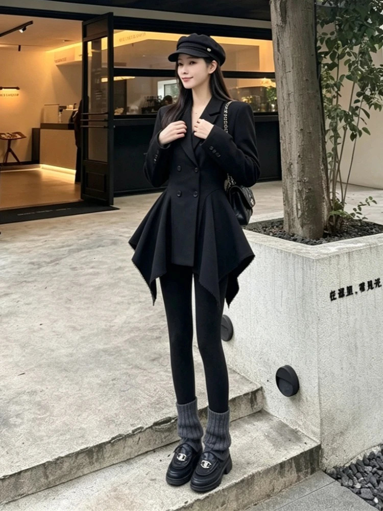 Elegant Autumn Unique Black Blazer Jacket Women Korean Fashion Double Breasted Waist Cinched Irregular Hem Office Casual Outfit 260924 - view 7