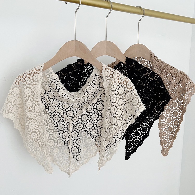 2026 Spring New Collection: Lace Solid Color Triangle Scarf with Hollow-Out Print, French-Style Delicate Headscarf, Women's Travel Scarf, Shawl - view 3