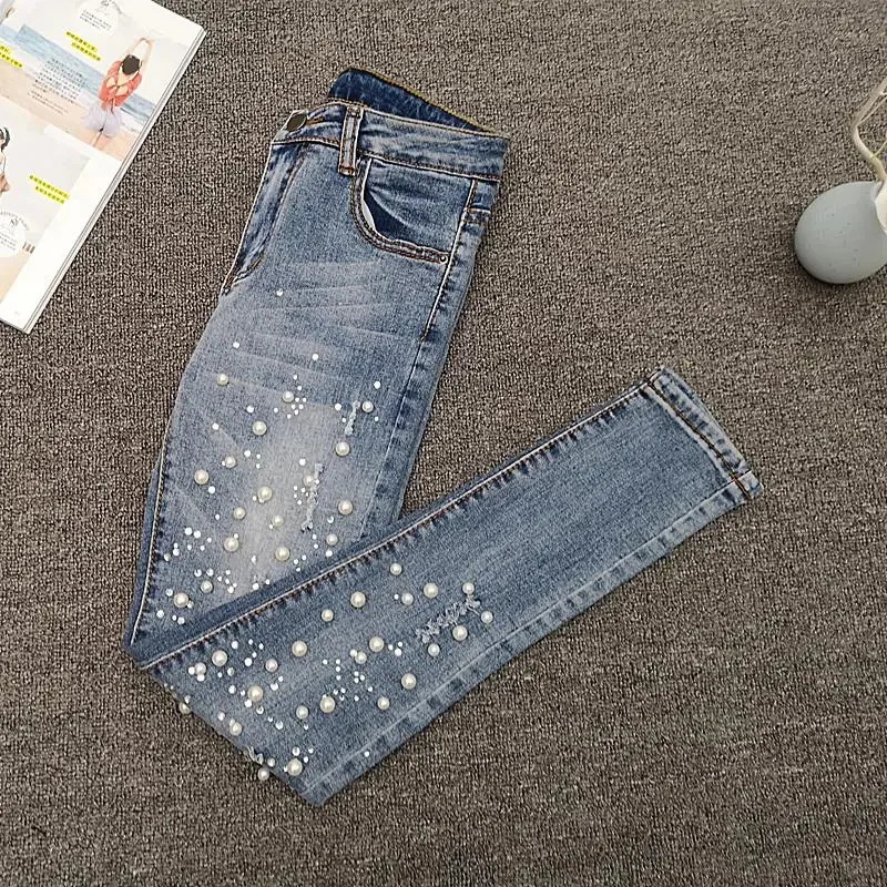 VWBQNZ Nailed Bead Jeans Women Spring/Summer Versatile Hole Breaking Elastic Skinny Pencil Pants Female Casual Denim Pants 260922 - view 3