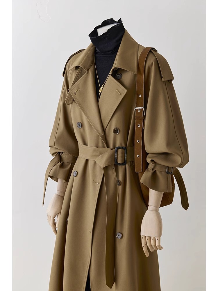 Lautaro Spring Autumn Oversized Khaki Long Trench Coat for Women Double Breasted Loose Casual Black Korean Fashion Overcoat 2025 - view 4