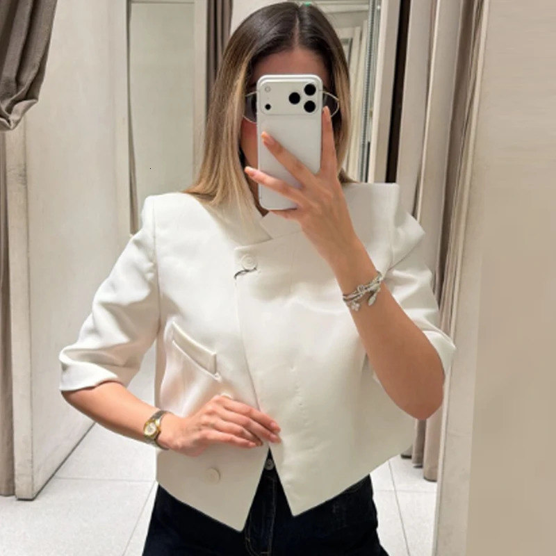 HXAO 2026 Women's Crop White Jacket Demi-Season 2026 Elegant Asymmetric Button Short-Sleeved Outerwears Office Wear Women Blazer 260924 - view 7