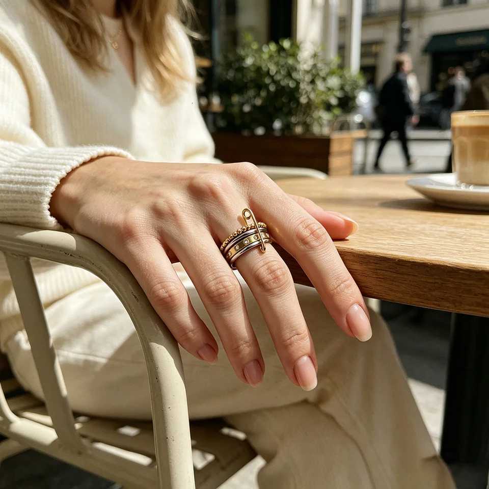 Trendy E.B.belle Band Paper Rings Clip Double Color Four Layers Star Zircon Ring Women Stainless Steel 18K Gold Plated Statement Jewelry N260924 - view 4