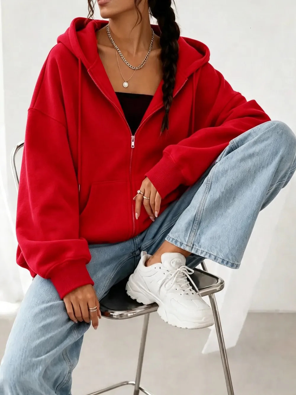 Autumn Women Solid Zipper Hoodies Basic Warm Fleece Sweatshirts Casual Pocket Jogging Sportswear Korean Oversized Womans Clothes 260924