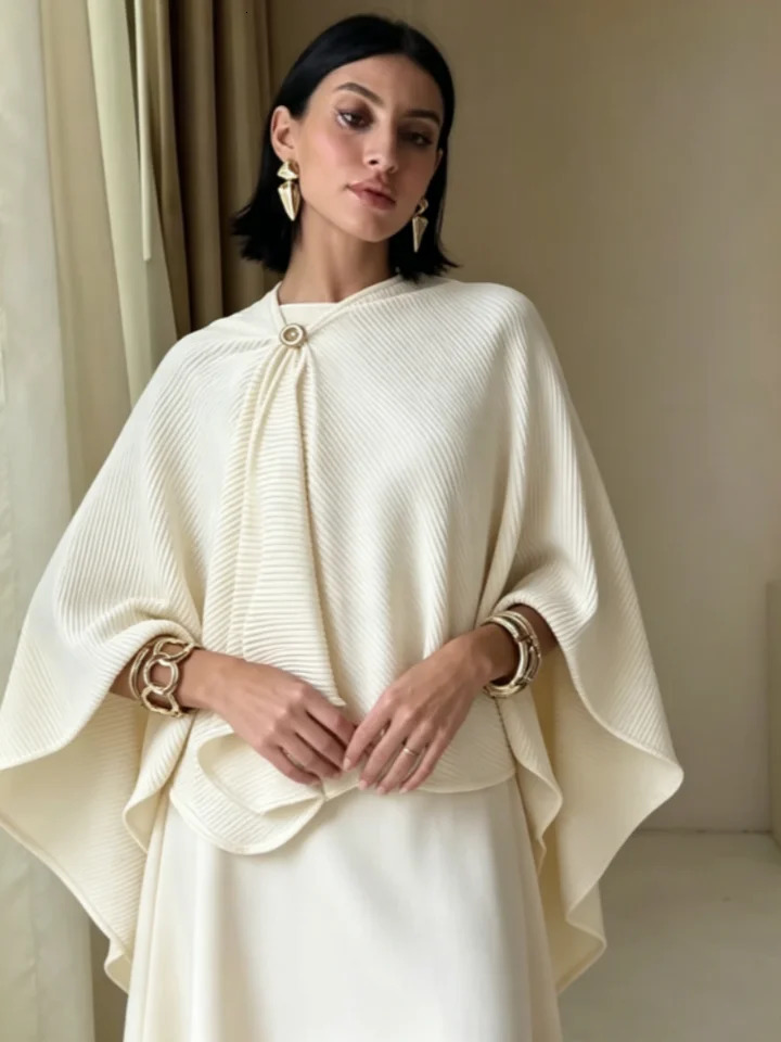 Women White Pleated Cape Set Loose Long Sleeved Ruffles Blouse Aline Maxi Flowy Skirt 2026 Chic Formal Evening Party Outfit 260922 - view 7