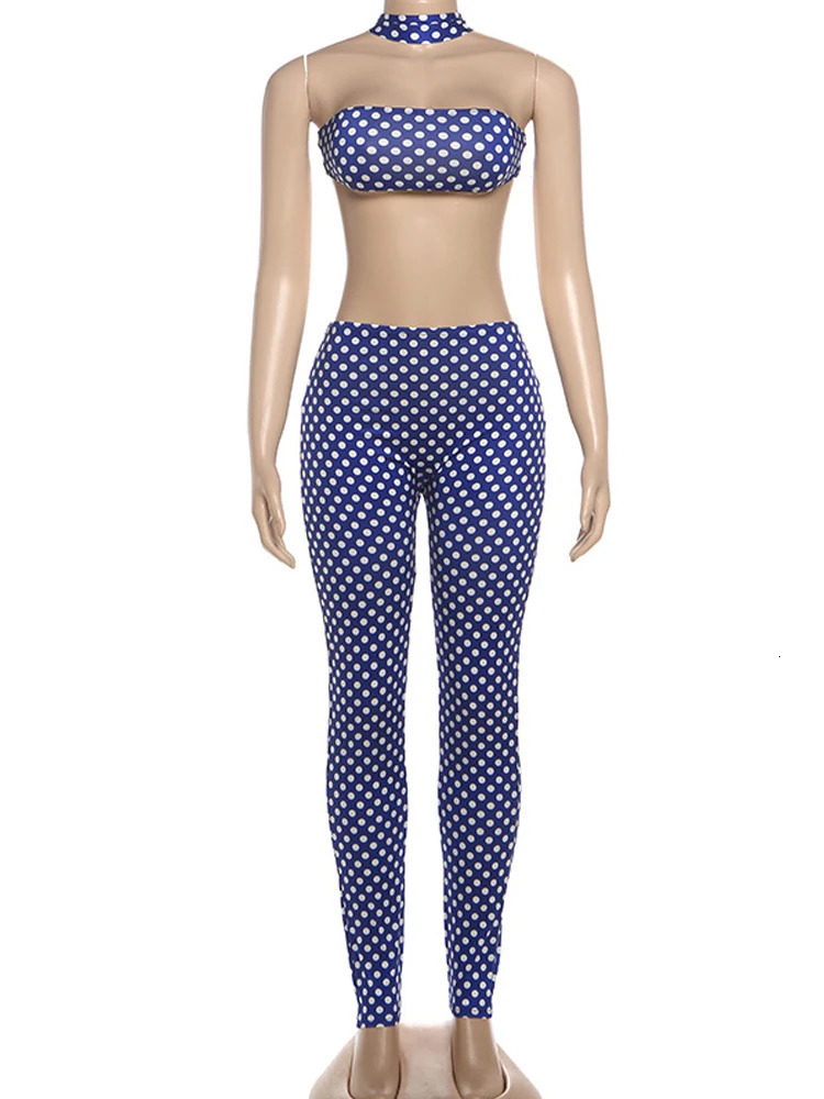 Weird Puss tie Polka Dot 2-Piece Set Women Halter Chest Wrapped Backless TopRuched Peach Hip Pants Stretch Skinny Clubwear 260922 - view 7