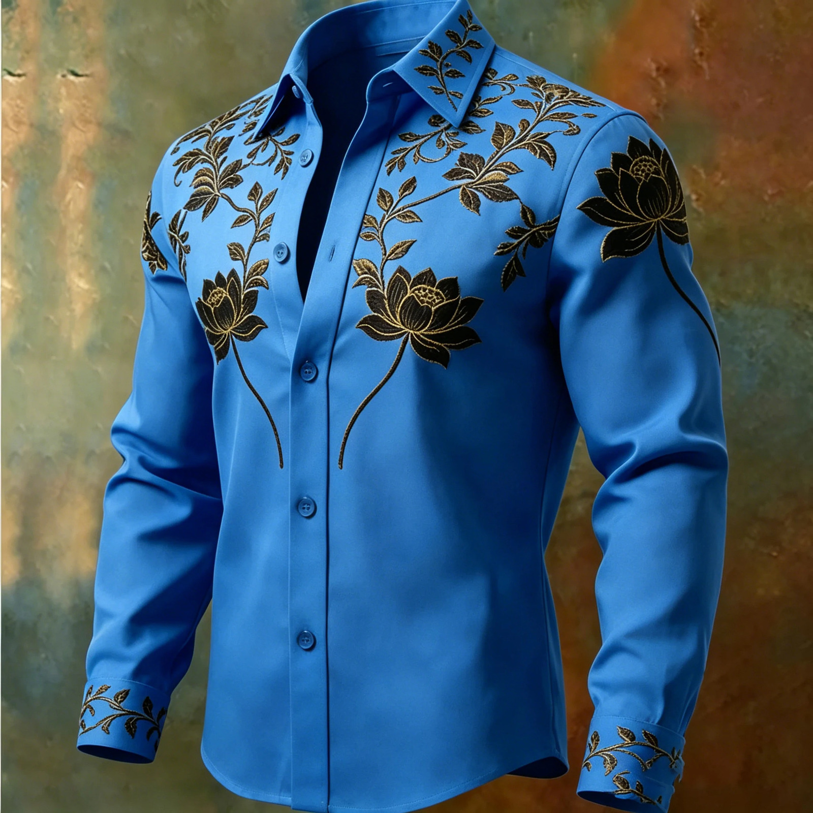 Men's y Gold Thread Lotus Embroidery Long Sleeved Shirt with Satin Texture Lapel Button Casual Formal Shirt 260922 - view 6