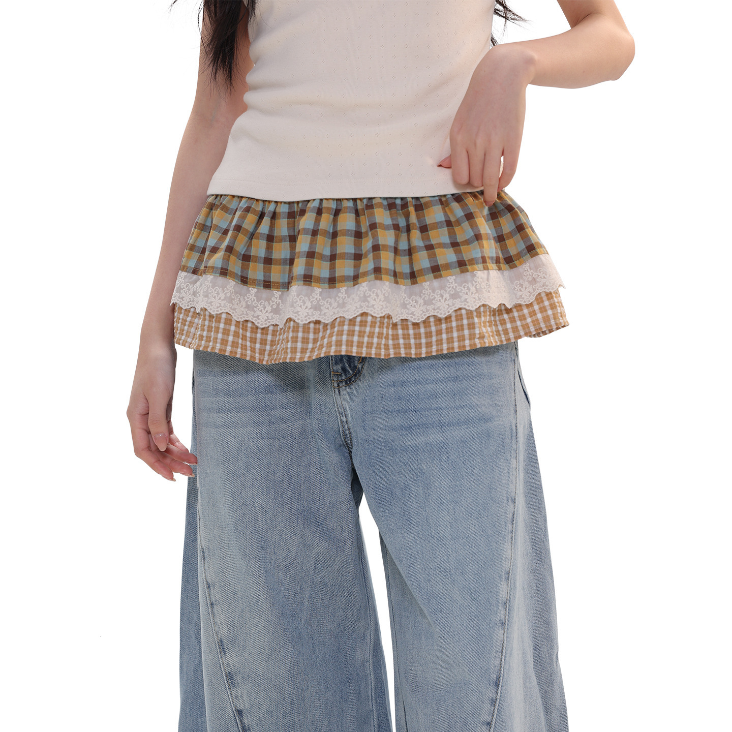 New literary vintage plaid lace for women, spring summer layered short skirt with tie, age-reducing and versatile - view 6