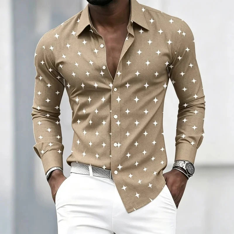Men's Collared Long-Sleeved Shirt Classic Black Base with White Star Print Slim Fit Suitable for Commuting and Going out. 260923 - view 4