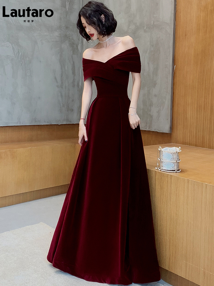 Lautaro Spring Long Luxury Elegant Wine Red Soft Velvet Evening Party Wedding Dresses for Women 2022 Off Shoulder Maxi Dress - view 5