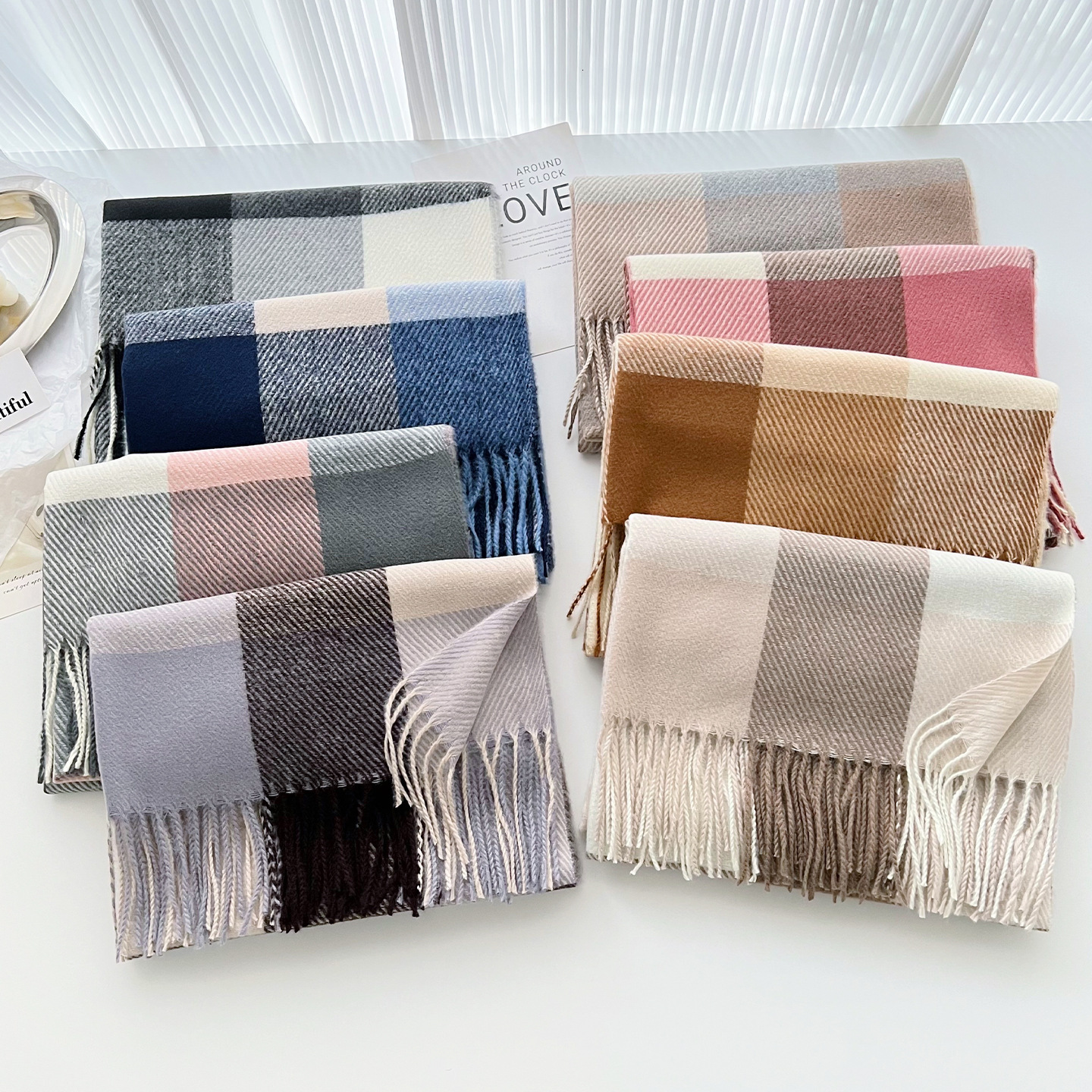 Autumn and winter British-style plaid scarf, unisex, made faux cashmere, thickened for warmth, with tassels, can be worn as a shawl or neck wrap - view 3