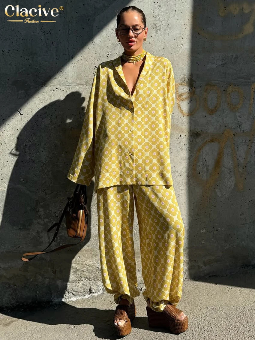 Clacive Fashion Loose Print Women's Two Pieces Set Elegant Long Sleeve Blouse With High Waist Wide Pants Set Female Streetwear 260922 - view 3