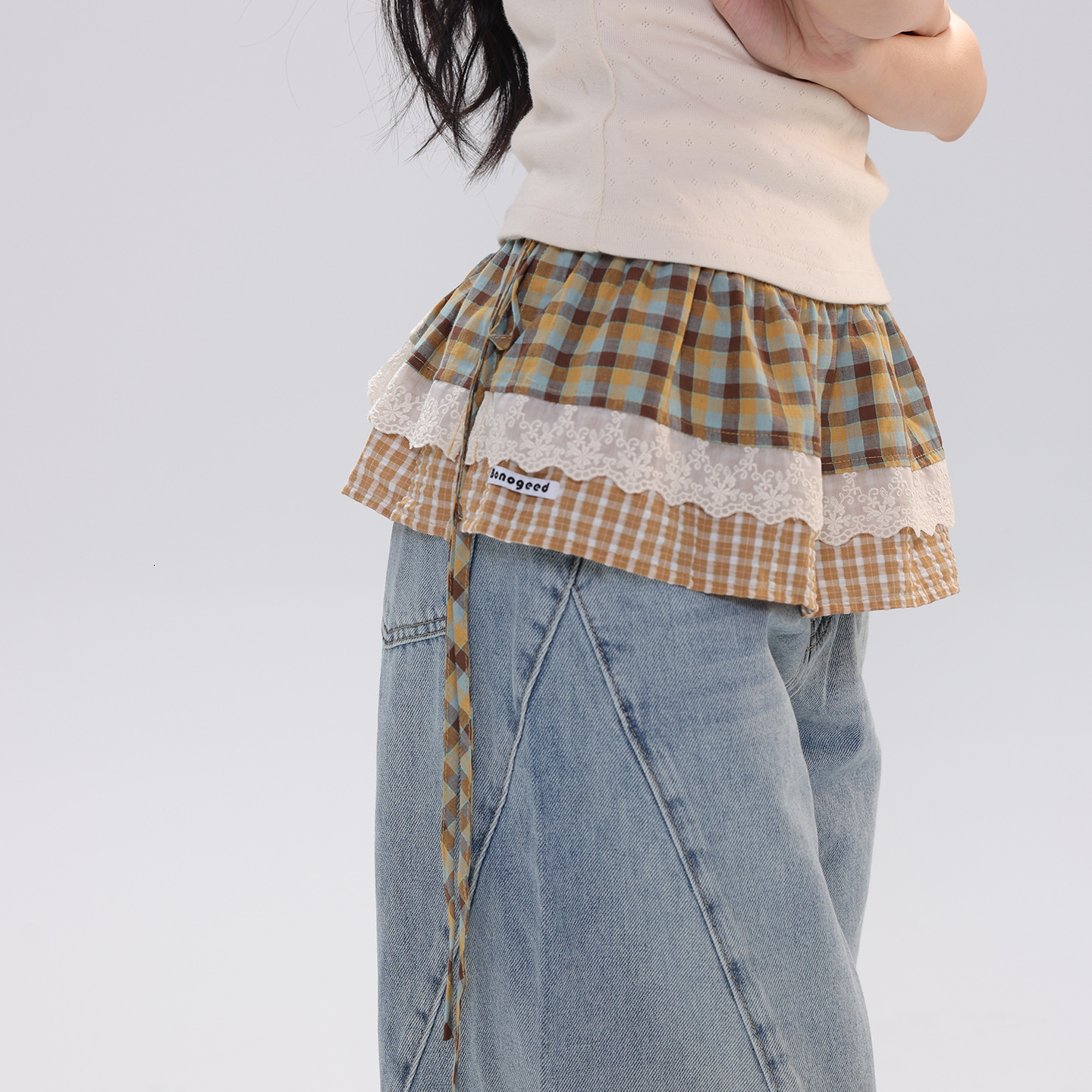 New literary vintage plaid lace for women, spring summer layered short skirt with tie, age-reducing and versatile