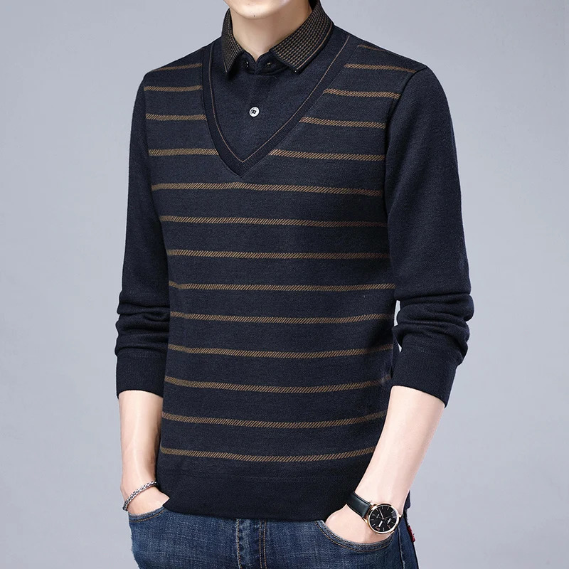 Spring Autumn Men's Single-Sided Two-Piece Long-Sleeved T-Shirt Lapel Button Stripe Business Casual Urban Style Men's Wear 260923 - view 4