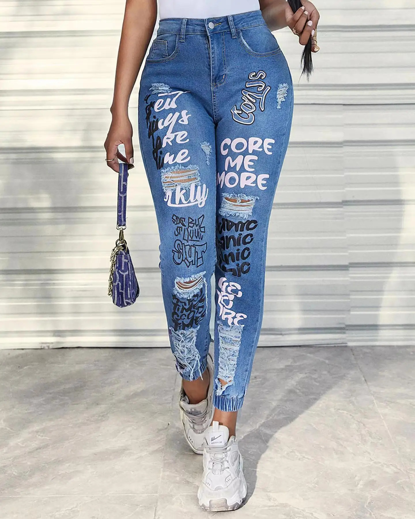 Women Denim Jeans Ankle Length Print Holes Pencil Pants Pockets Washing Slim Basics Zipper Fly Spring Flat Slight Strech 260922 - view 4