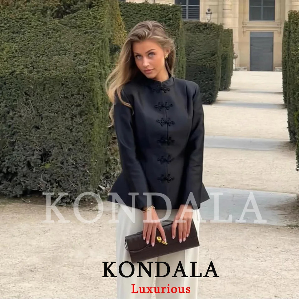 KONDALA Vintage Chic Women Blazer Black Solid Stand Collar Button Long Sleeve Straight Blazer Fashion 2026 Spring Summer Outwear 260924