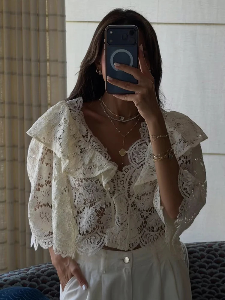 TFMLN Womens French Lace Blouses Ruffle Edge Hollow Out Casual Blouse Fashion Vneck Elegant Thin Commuting Top Female 260924 - view 4