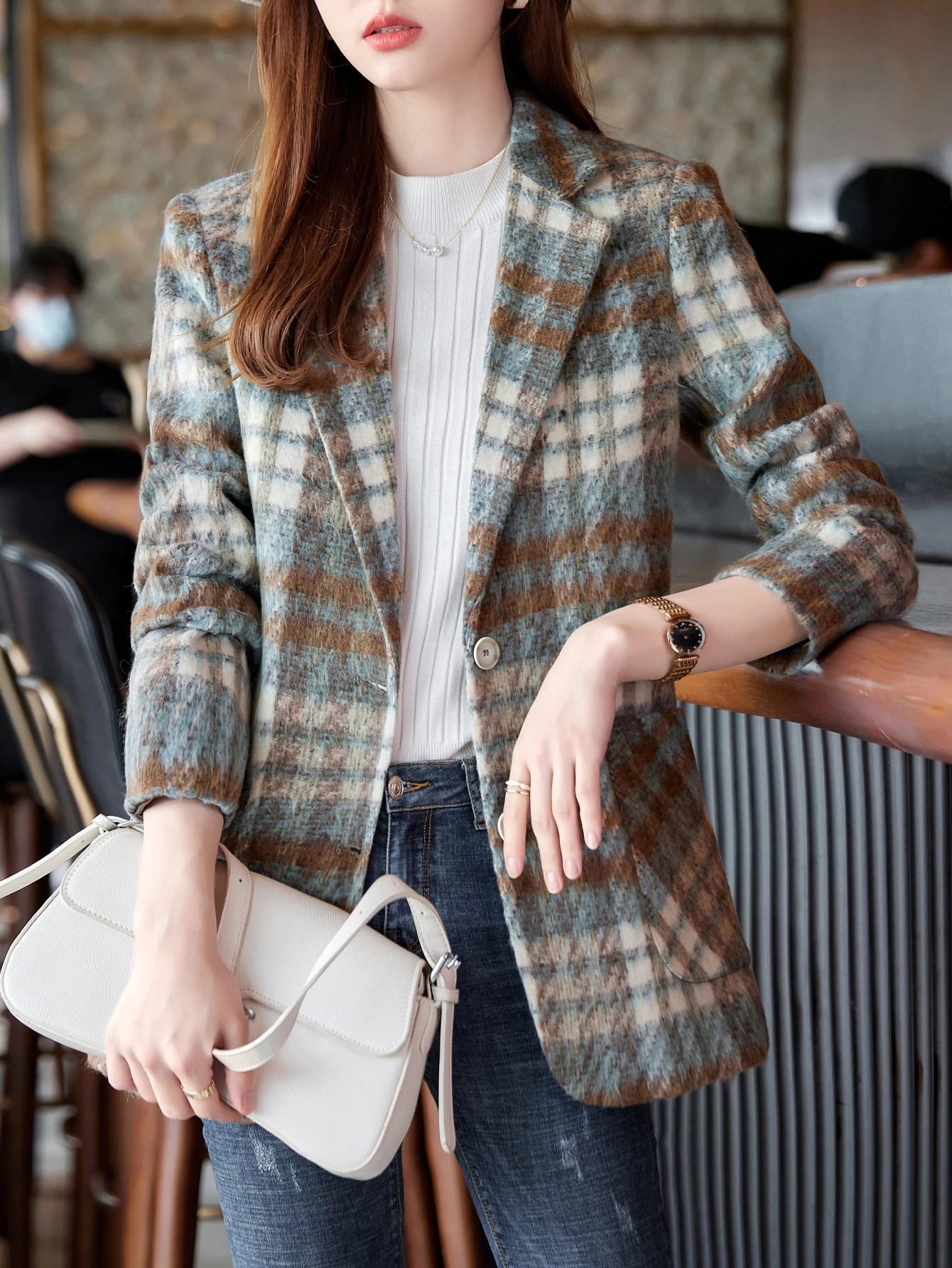 Tartan Wool Single-Breasted Blazer - High-End Versatile Stylish Commuter Professional Slim-Fit Jacket 260924 - view 4