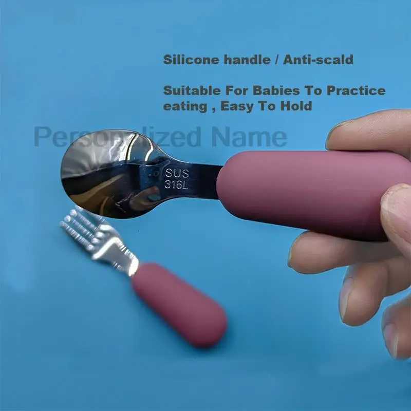 Baby Feeding Other Custom 2PC/Set Baby Silicone Tableware Children Stainless Steel Dinnerware Toddler Cutlery Infant Food Feeding Spoon Fork C2609231 - view 4