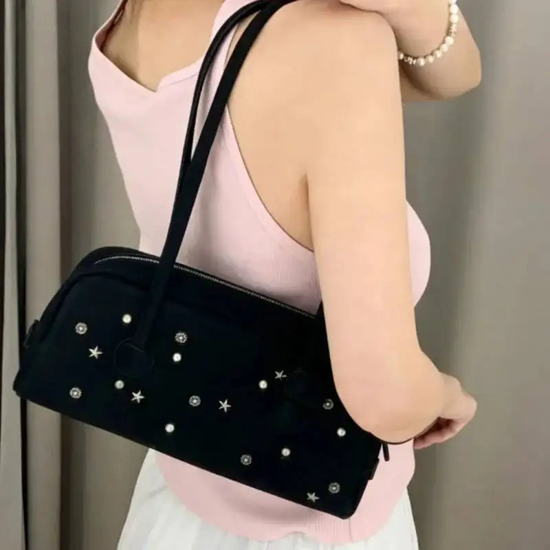 Shoulder Bag Women Star Metal Rivet Large Capacity PU Leather Stitching Zipper Handbag Solid Color Retro Street Trend Motorcycle 260924