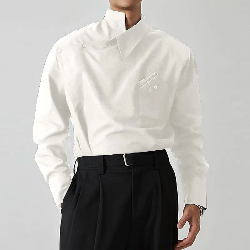 Mens Irregular Asymmetric Collar Button Detail Long Sleeve Shirt ner Formal Casual Top 260922 - view 4