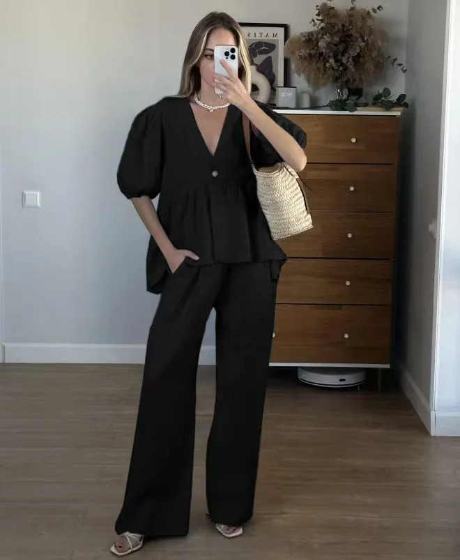 Women Solid Color V-Neck Bubble Short-Sleeved Trousers Suit Summer Women Short T-Shirt Top Long Pants Two Peice Sets 260922 - view 5