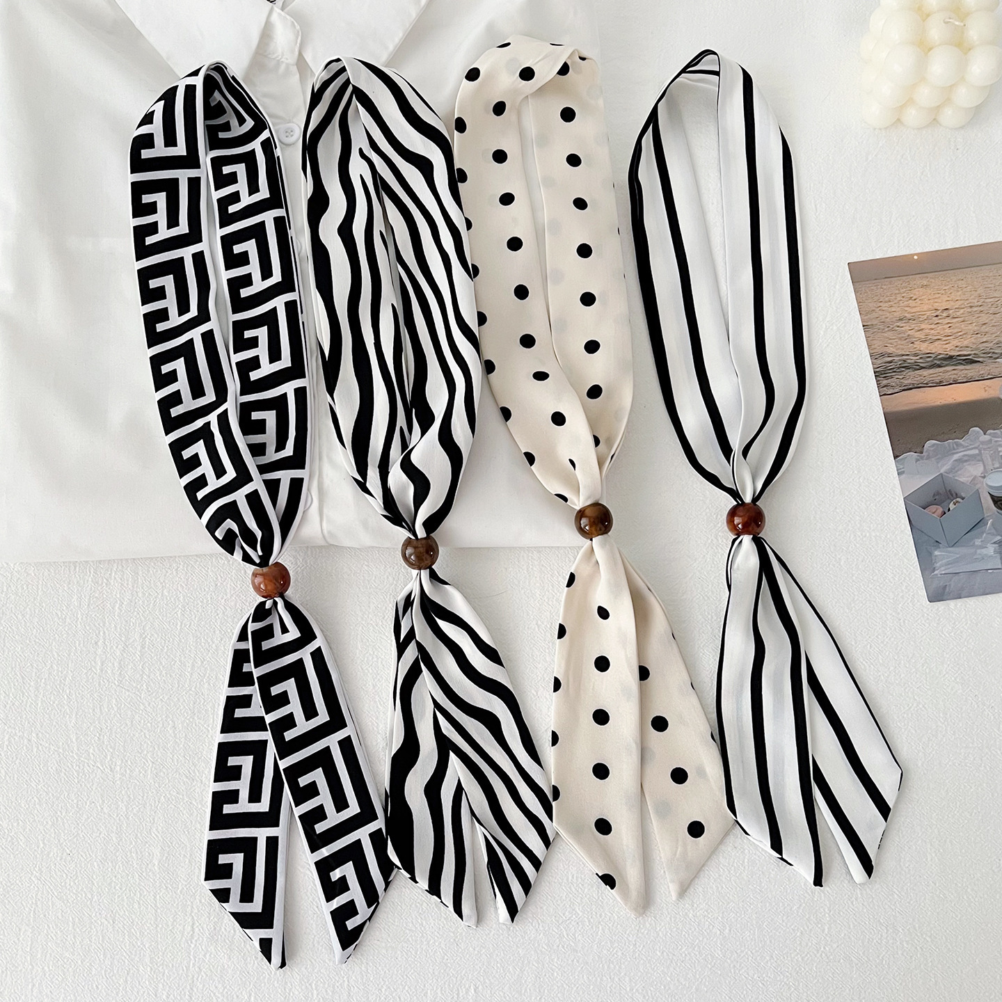Korean-style geometric pattern beaded women's summer long scarf, decorative high-end accessory, small neck scarf - view 4