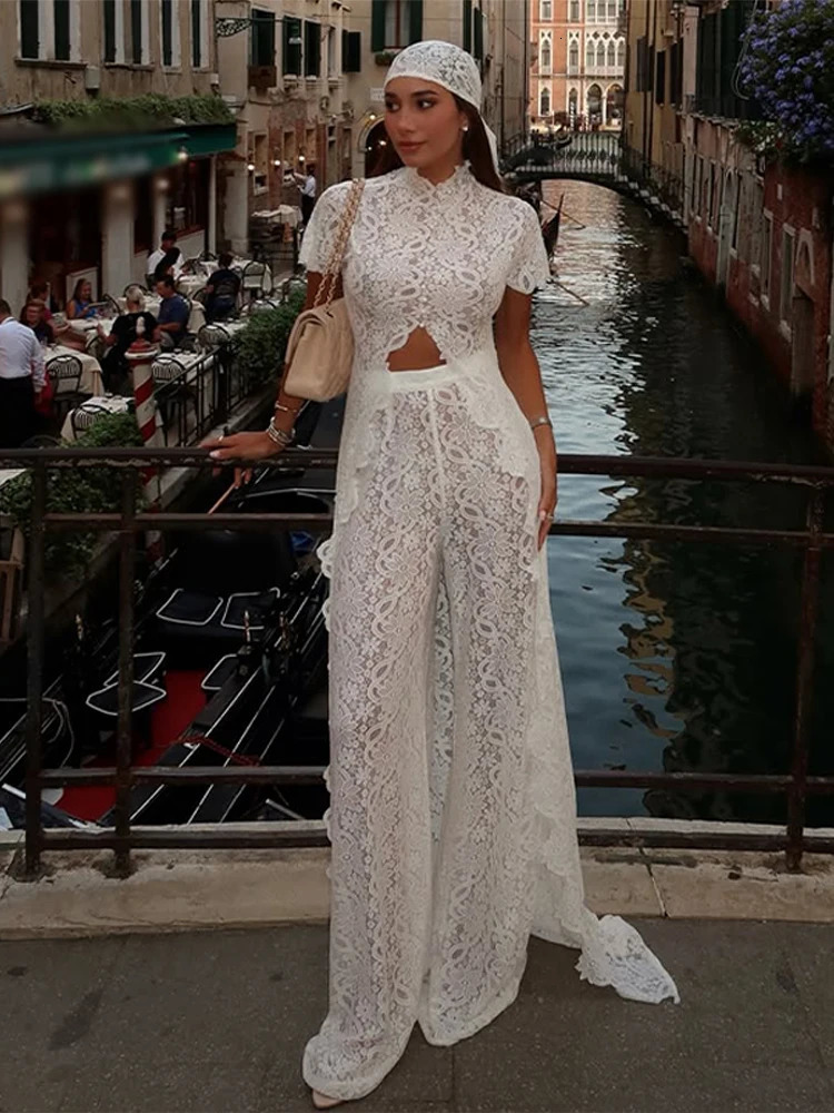 Fashion Lace Solid Women's Shirt Pant Set See Through Short Sleeve Long Tops Straight Trousers 2026 Summer Chic Female Suits 260922 - view 4