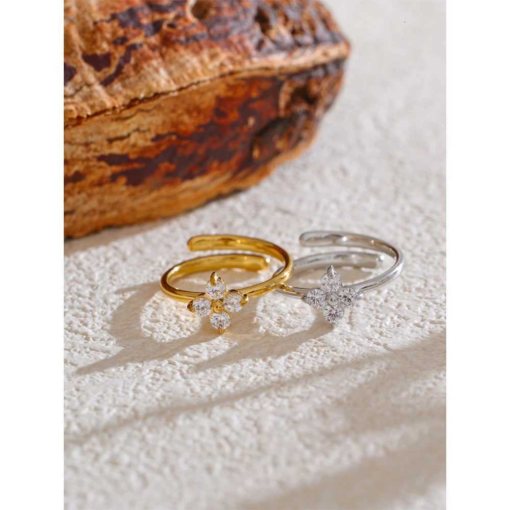 Rings Yhpup Exquisite Stainless Band Steel Bling Cubic Zirconia Flower Adjustable Ring for Women Fashion Shiny Finger Jewelry New N260924