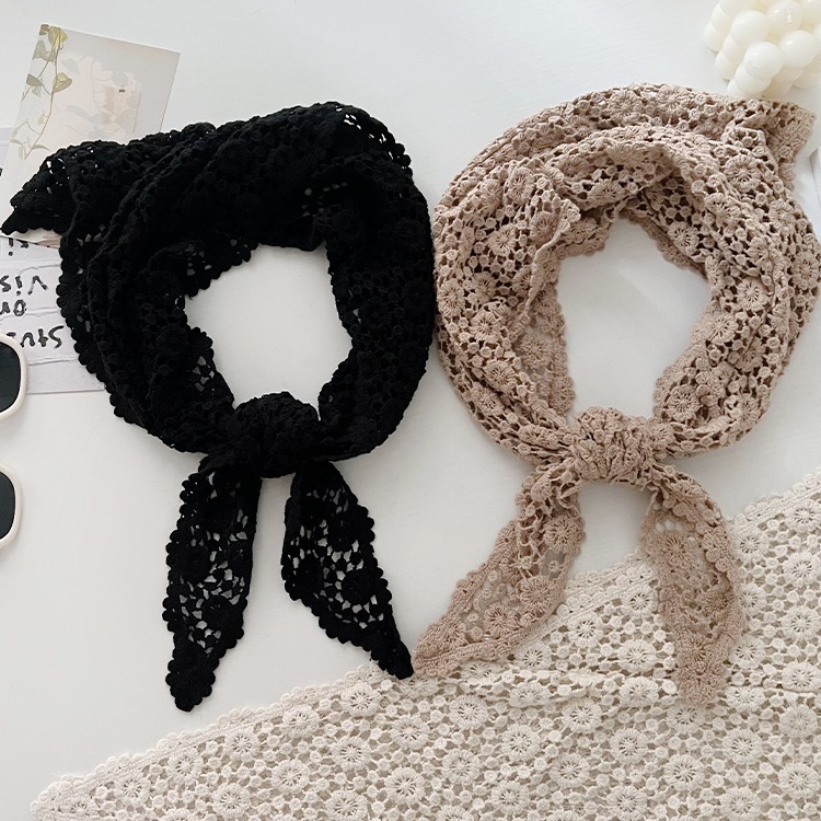 2026 Spring New Collection: Lace Solid Color Triangle Scarf with Hollow-Out Print, French-Style Delicate Headscarf, Women's Travel Scarf, Shawl - view 4