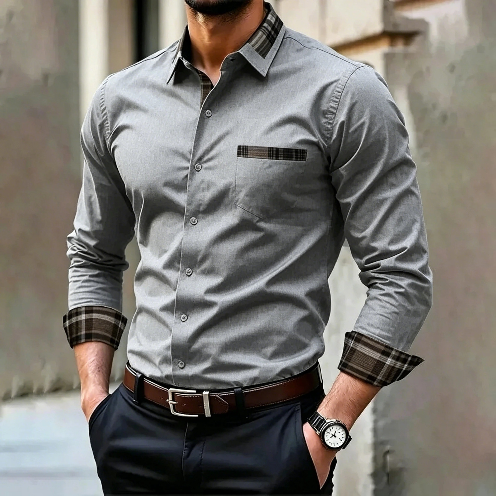Men's Business Casual Shirt Plaid Patchwork Long Sleeve Dress Shirt Slim Fit Button Down Formal Office Blouse for Men White Red 260922 - view 5