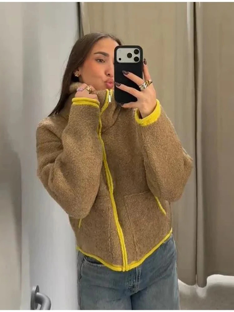 Cozy Women Elegant Blocking Knitted Cropped Cardigan Lapel Full Sleeves Zipper Pockets Loose Sweaters Lady Winter Daily Wears 260920 - view 4