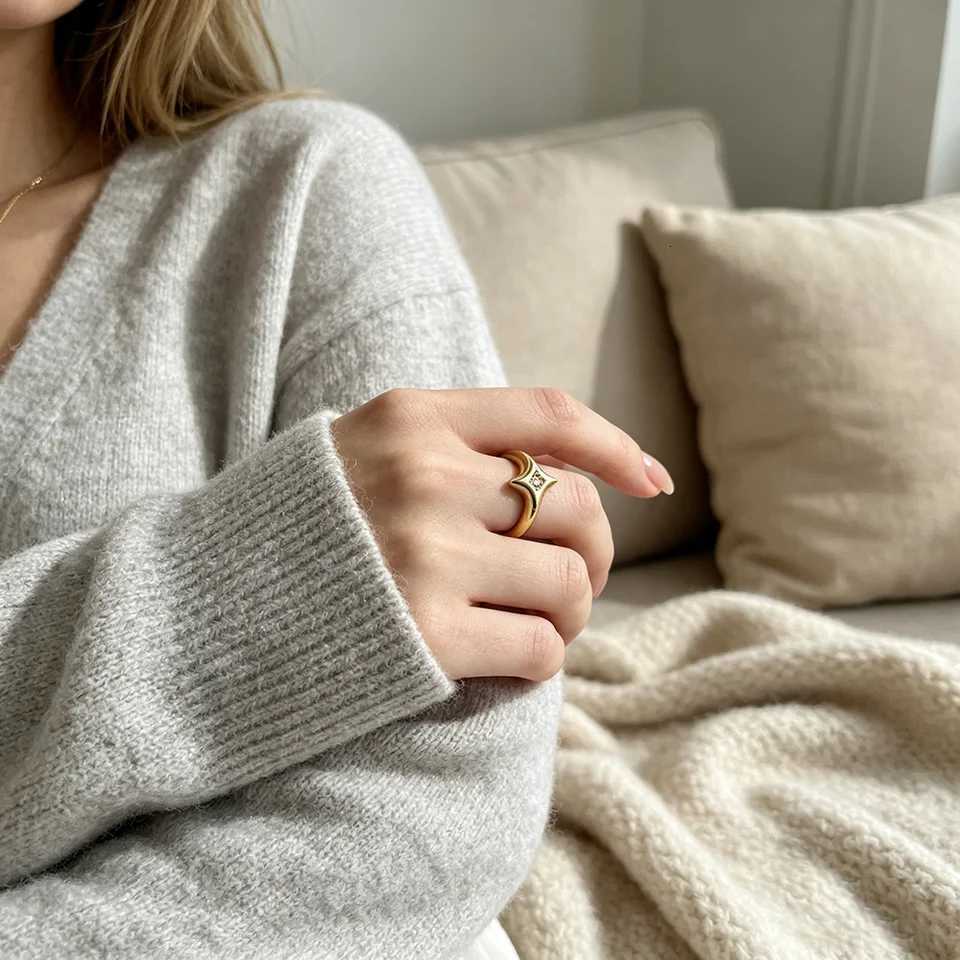 Star Band Rings E.B.belle Four-pointed Zircon Ring Stainless Steel Minimalist Style Creative Personalized Jewelry For Women Accessories N260924 - view 4
