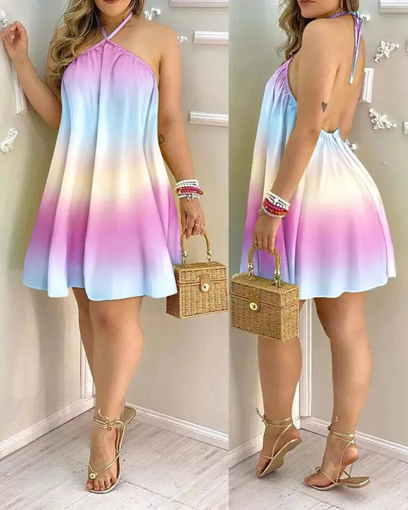 Women's 2026 Tropical Leaf Print Halter Neck Mini Dress Sleeveless Backless A-Line Summer Beach Sundress Casual 260922 - view 4