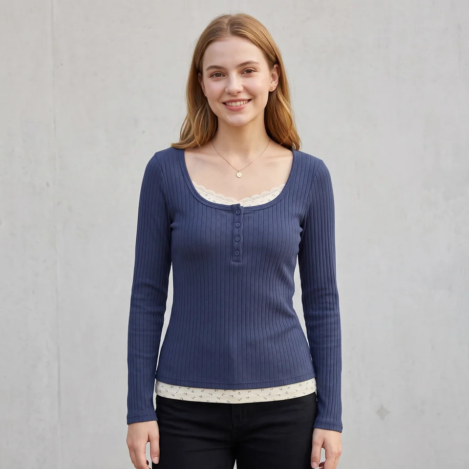 Women Vintage Faux Two-Piece Lace Patchwork T-Shirt Ribbed Knit Long Sleeve Top Square Neck Button Slim Y2K Casual Fall Tee 260920 - view 5