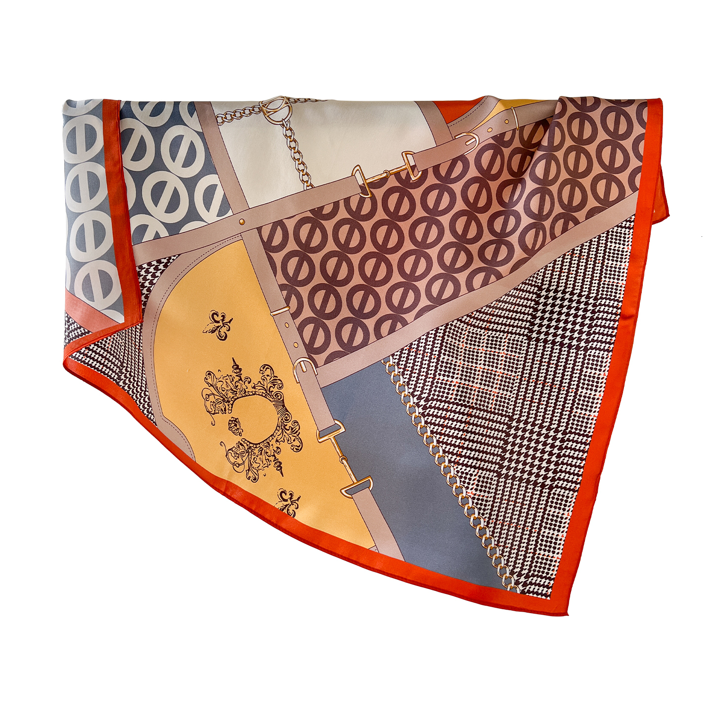 100% mulberry silk, orange geometric chain print, 70% silk scarf, women's spring/summer versatile shirt accessory, decorative neck scarf - view 6