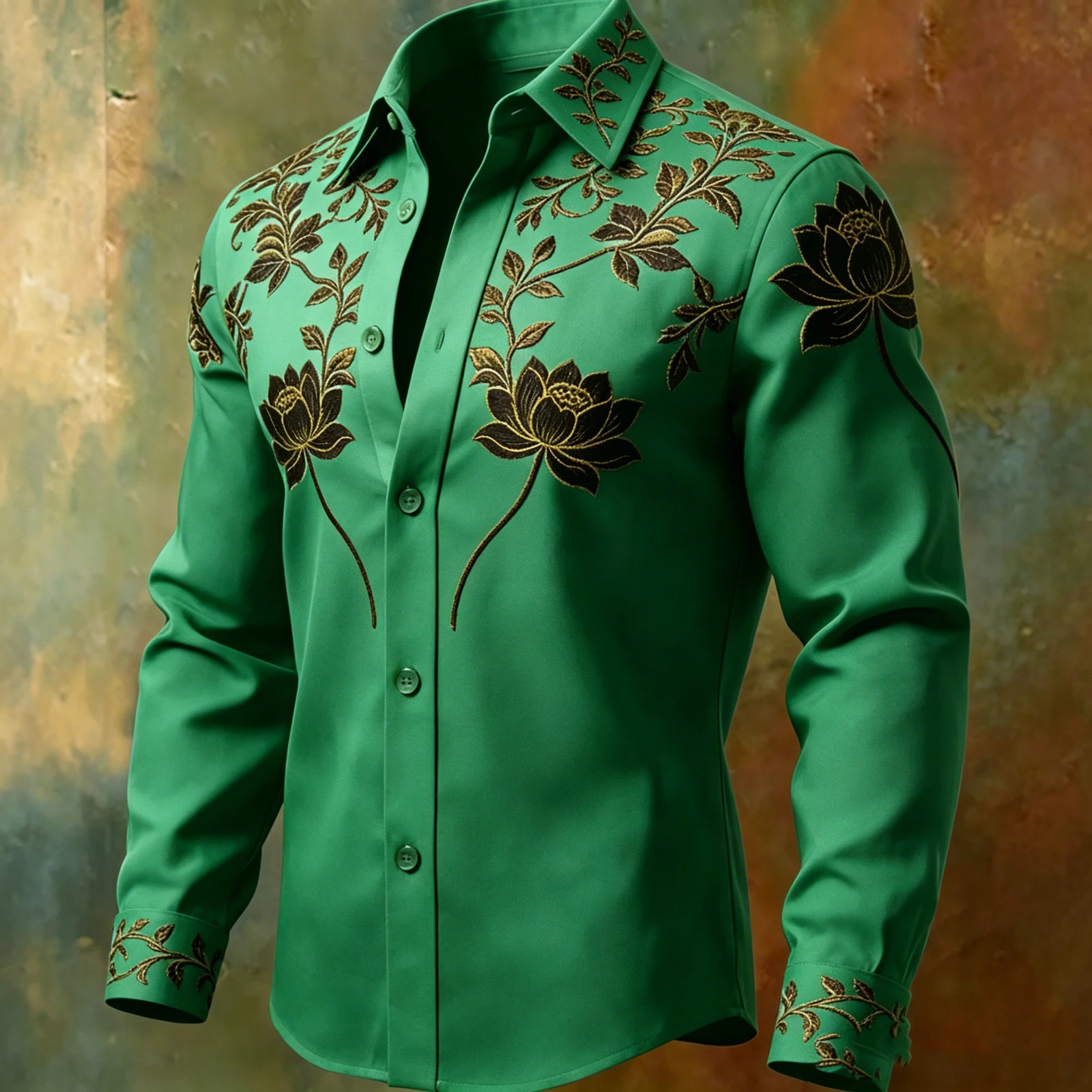 Men's y Gold Thread Lotus Embroidery Long Sleeved Shirt with Satin Texture Lapel Button Casual Formal Shirt 260922 - view 5