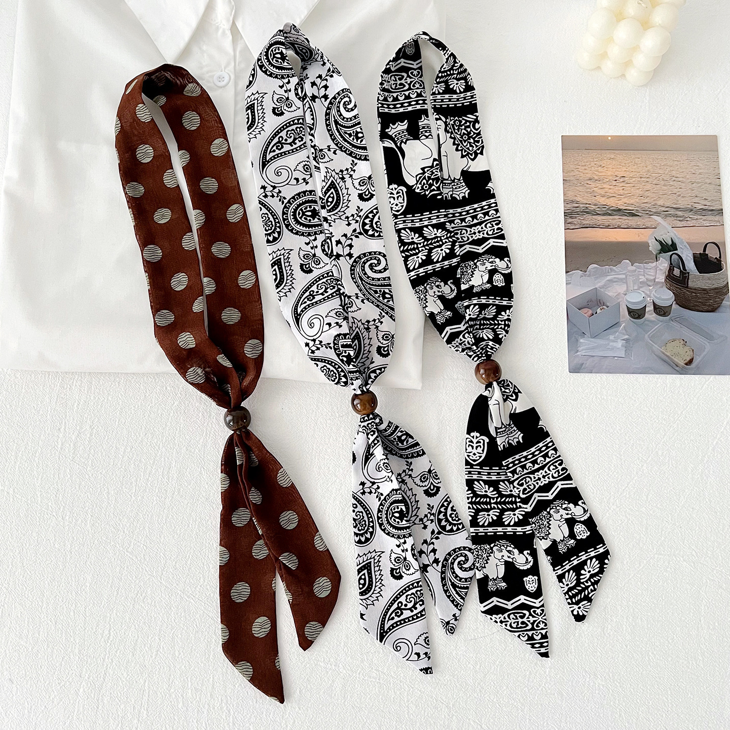 Korean-style geometric pattern beaded women's summer long scarf, decorative high-end accessory, small neck scarf - view 5