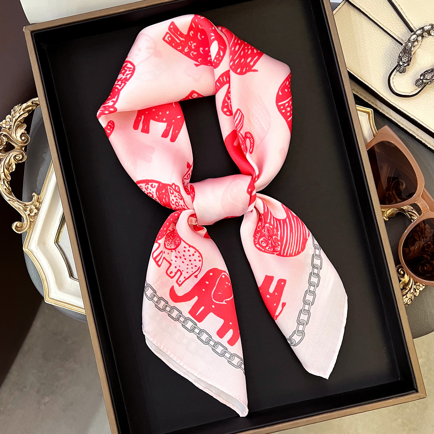 European American style animal print small square scarf women, a versatile red accessory summer, perfect for tying around the neck, adding an elegant 