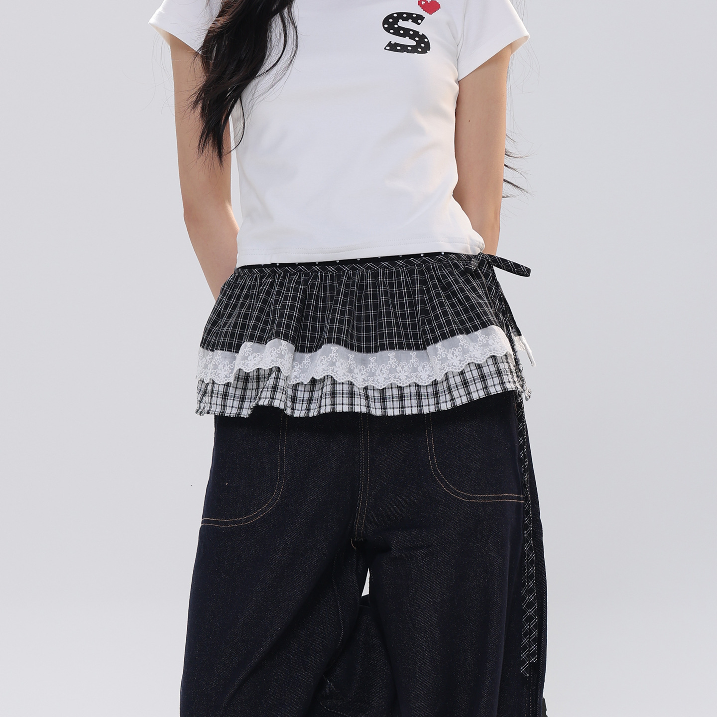 New literary vintage plaid lace for women, spring summer layered short skirt with tie, age-reducing and versatile - view 5