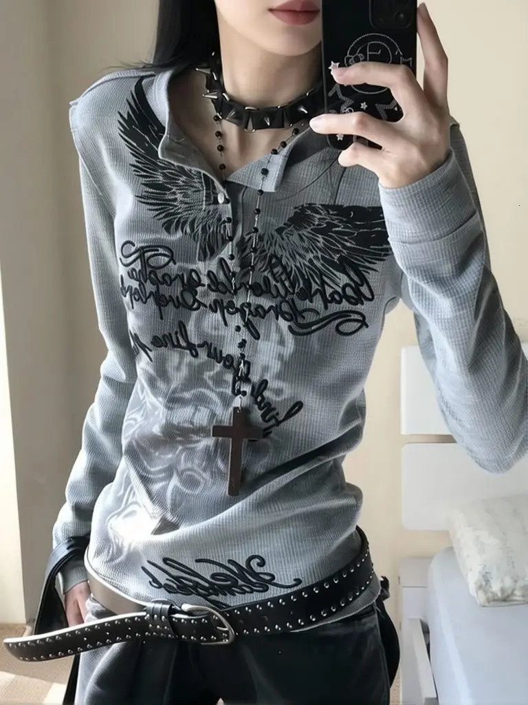 Henley Collar Y2k T Shirts Women Vintage Streetwear American Long Sleeve Top Graphic Basic Slim Fit T Shirt Autumn 260920 - view 7