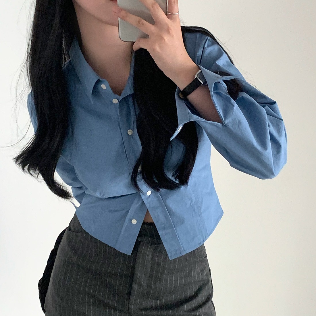 Chic Autumn Short Sleeveless Collar Women's Shirt Single Button Slim Fit Long Sleeve Straight Cut Commute Style Top - view 6