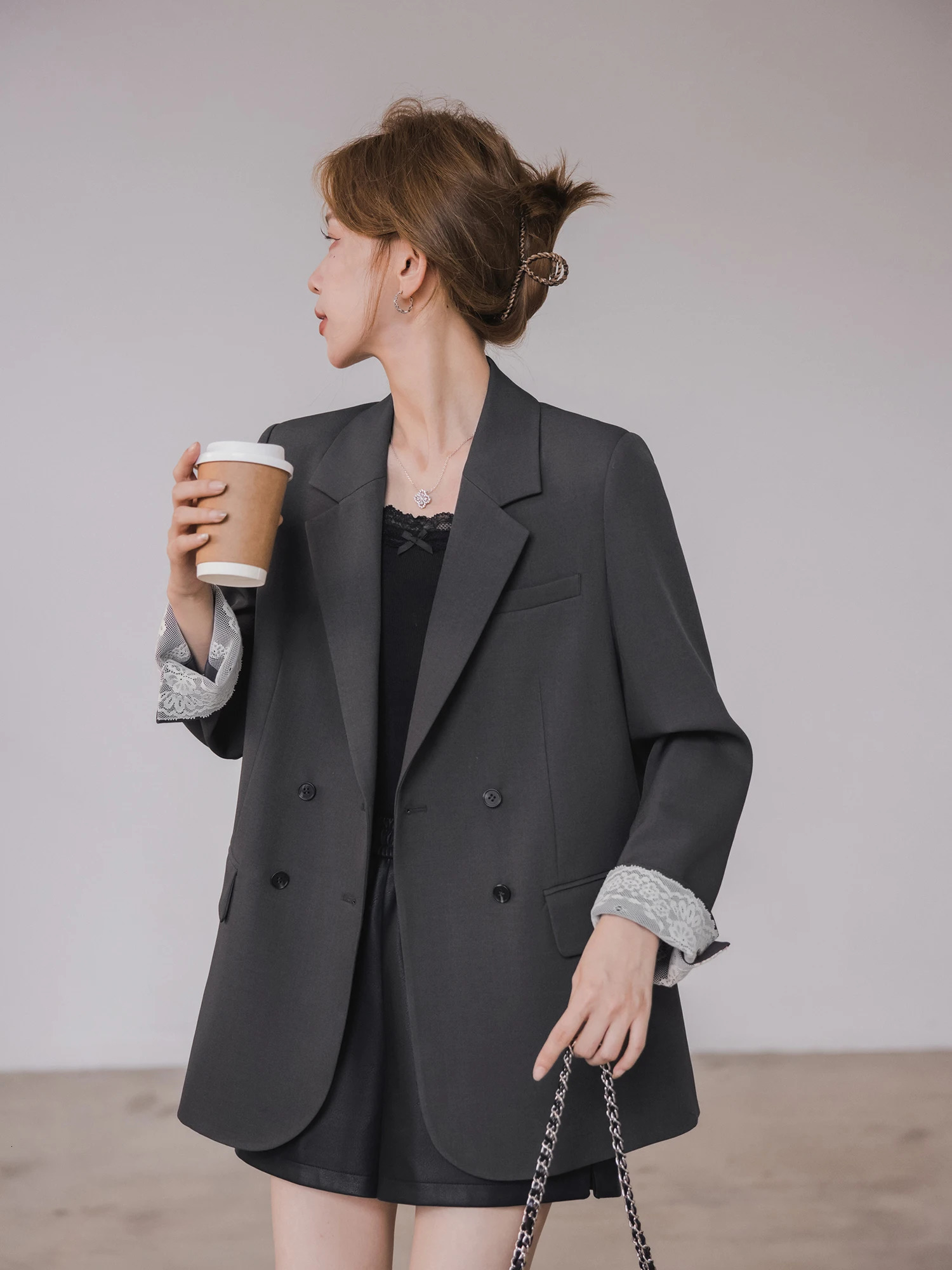 XIAOGULI Women Double Breasted Blazer Jacket Retro Elegant Lace Cuff Loose Fit Fashion Korean Style Office Daily Outerwear Tops 260924 - view 4