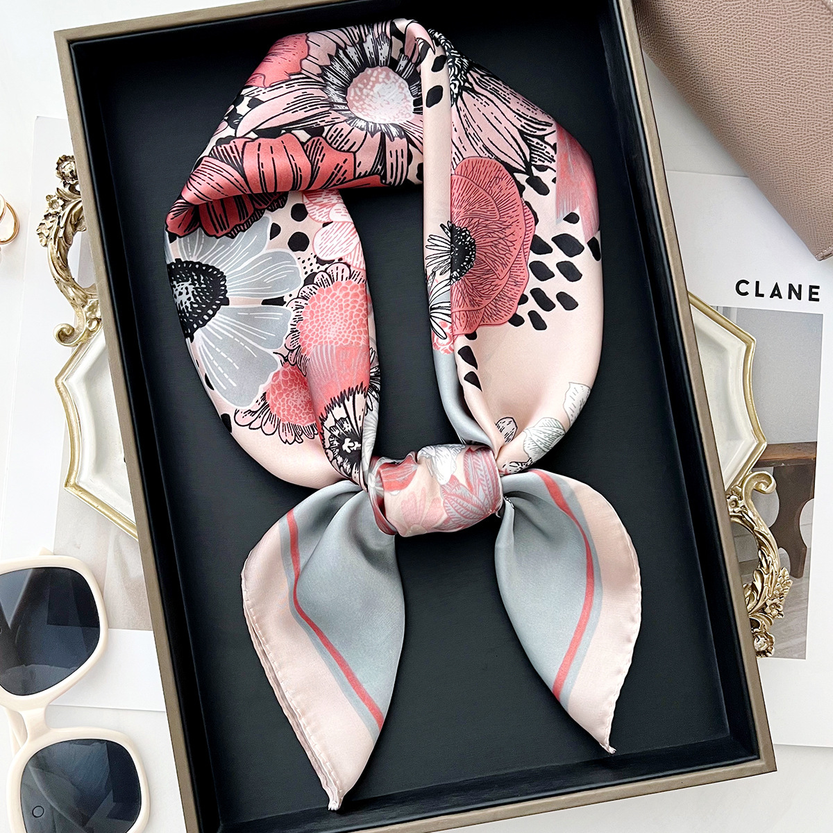 Chinese-style floral print silk versatile and elegant shawl, perfect for sun protection, can be worn around the neck, small square scarf, or as headsc - view 3