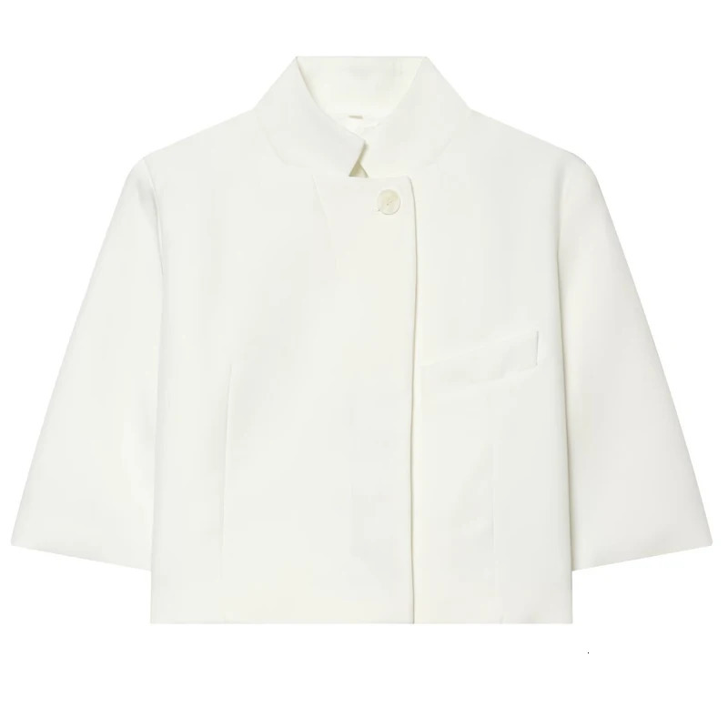 HXAO 2026 Women's Crop White Jacket Demi-Season 2026 Elegant Asymmetric Button Short-Sleeved Outerwears Office Wear Women Blazer 260924 - view 3