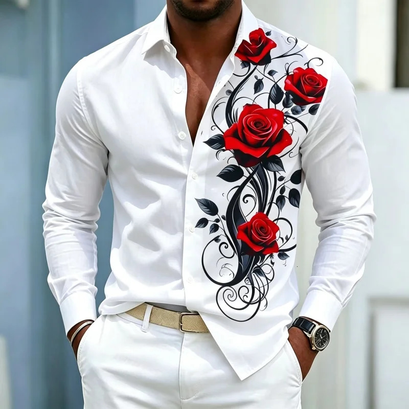 Men's shirt solid color lapel long sleeved with red rose vine pattern printed on one side slim fit casual trend 260923