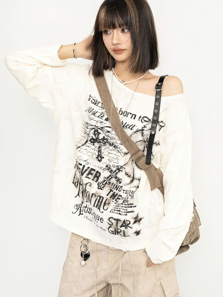 Y2k Long sleeve T shirt Women Off shoulder Oversize Tops Female Spring Autumn Vintage Holes Basic Tees Streetwear Chic 260920 - view 6