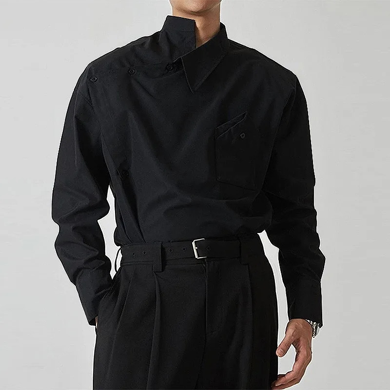Mens Irregular Asymmetric Collar Button Detail Long Sleeve Shirt ner Formal Casual Top 260922 - view 5